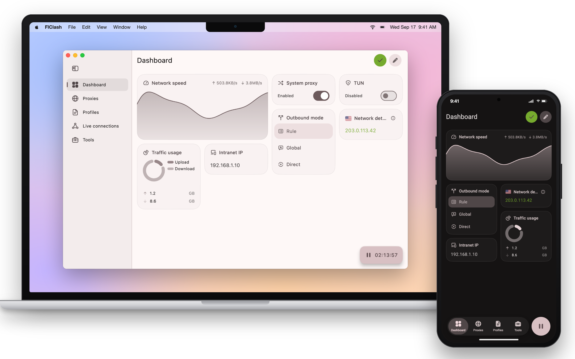 FlClash 仪表盘在 MacBook 与手机上的界面